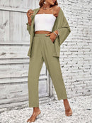 Conjunto Feminino Duas Peças Com Casaco Aberto Verde Militar
