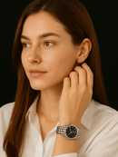 Relógio Feminino Ernie Klein Retrô Quartz Prata Fundo Preto  9931L