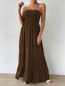 Vestido Feminino Longo Com Babado Liso Marrom