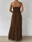 Vestido Feminino Longo Com Babado Liso Marrom