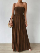 Vestido Feminino Longo Com Babado Liso Marrom