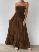 Vestido Feminino Longo Com Babado Liso Marrom
