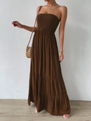 Vestido Feminino Longo Com Babado Liso Marrom