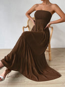 Vestido Feminino Longo Com Babado Liso Marrom
