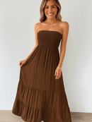Vestido Feminino Longo Com Babado Liso Marrom