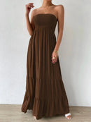 Vestido Feminino Longo Com Babado Liso Marrom