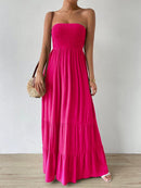 Vestido Feminino Longo Com Babado Liso Rosa