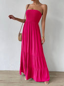 Vestido Feminino Longo Com Babado Liso Rosa