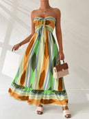Vestido Longo Feminino Bandeau Geometrico Amarelo