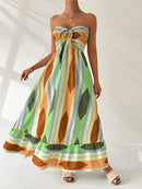 Vestido Longo Feminino Bandeau Geometrico Amarelo