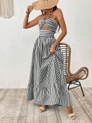 Vestido Longo Isadora Listrado Branco e Preto