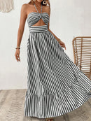Vestido Longo Isadora Listrado Branco e Preto