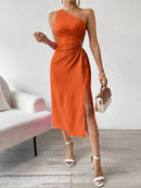 Vestido Verão De Um Ombro Só Plissado Laranja