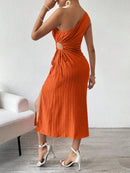 Vestido Verão De Um Ombro Só Plissado Laranja