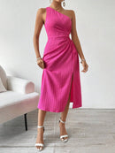 Vestido Verão De Um Ombro Só Plissado Rosa