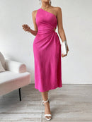Vestido Verão De Um Ombro Só Plissado Rosa