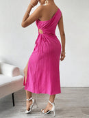 Vestido Verão De Um Ombro Só Plissado Rosa