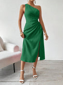 Vestido Verão De Um Ombro Só Plissado Verde