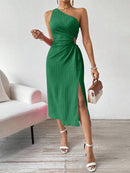 Vestido Verão De Um Ombro Só Plissado Verde