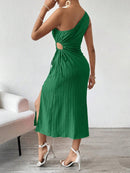 Vestido Verão De Um Ombro Só Plissado Verde