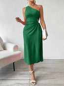 Vestido Verão De Um Ombro Só Plissado Verde